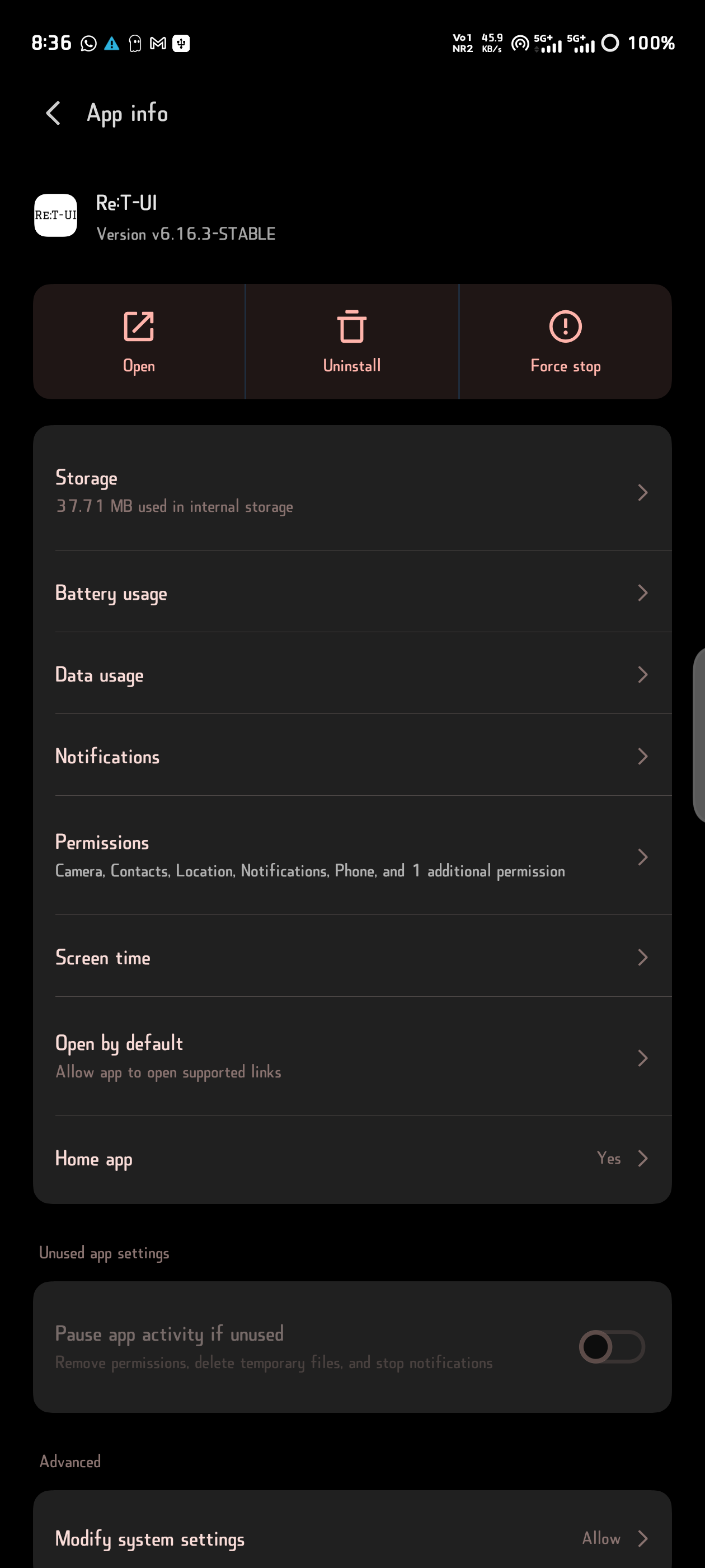 Android app info page for Re:T-UI