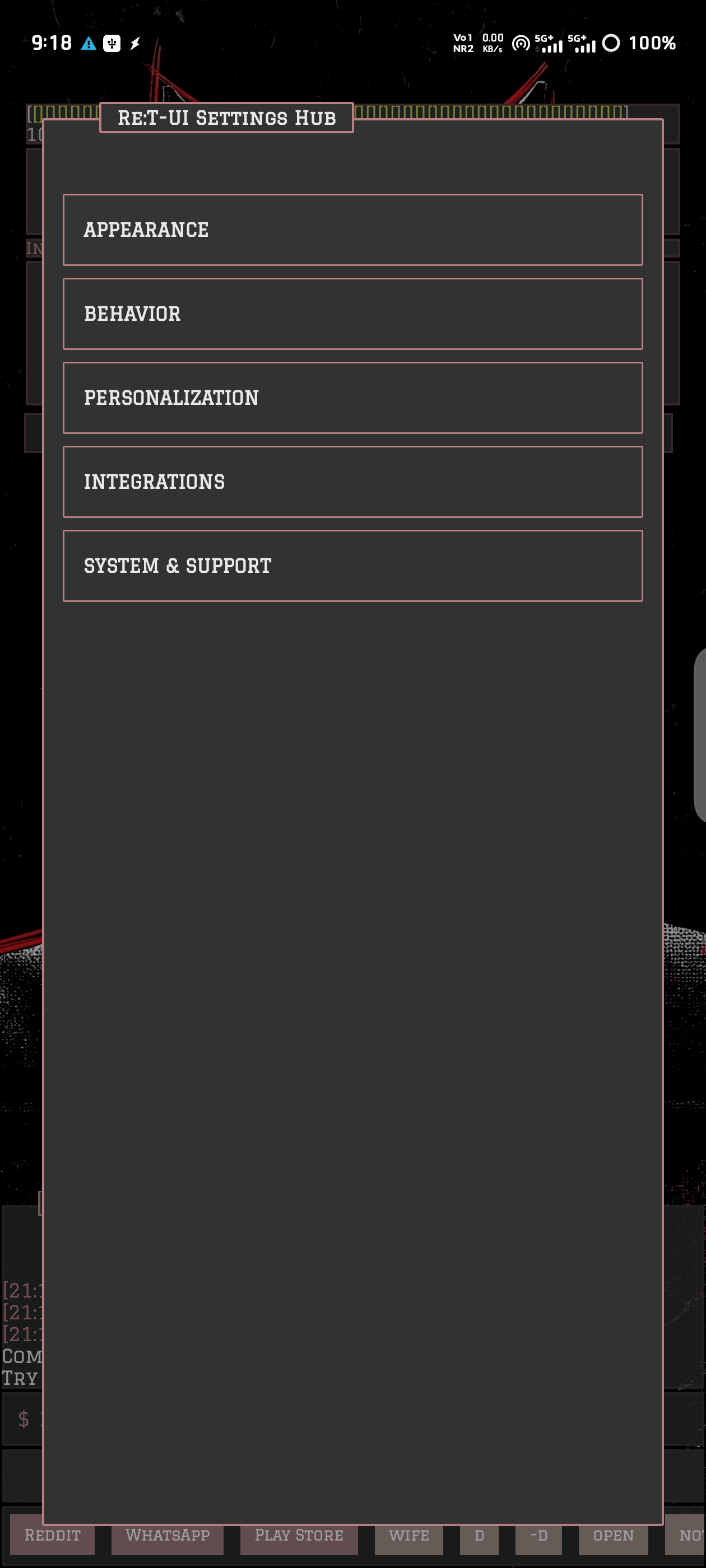 Re:T-UI settings hub with Appearance, Behavior, Personalization, Integrations, and System and Support