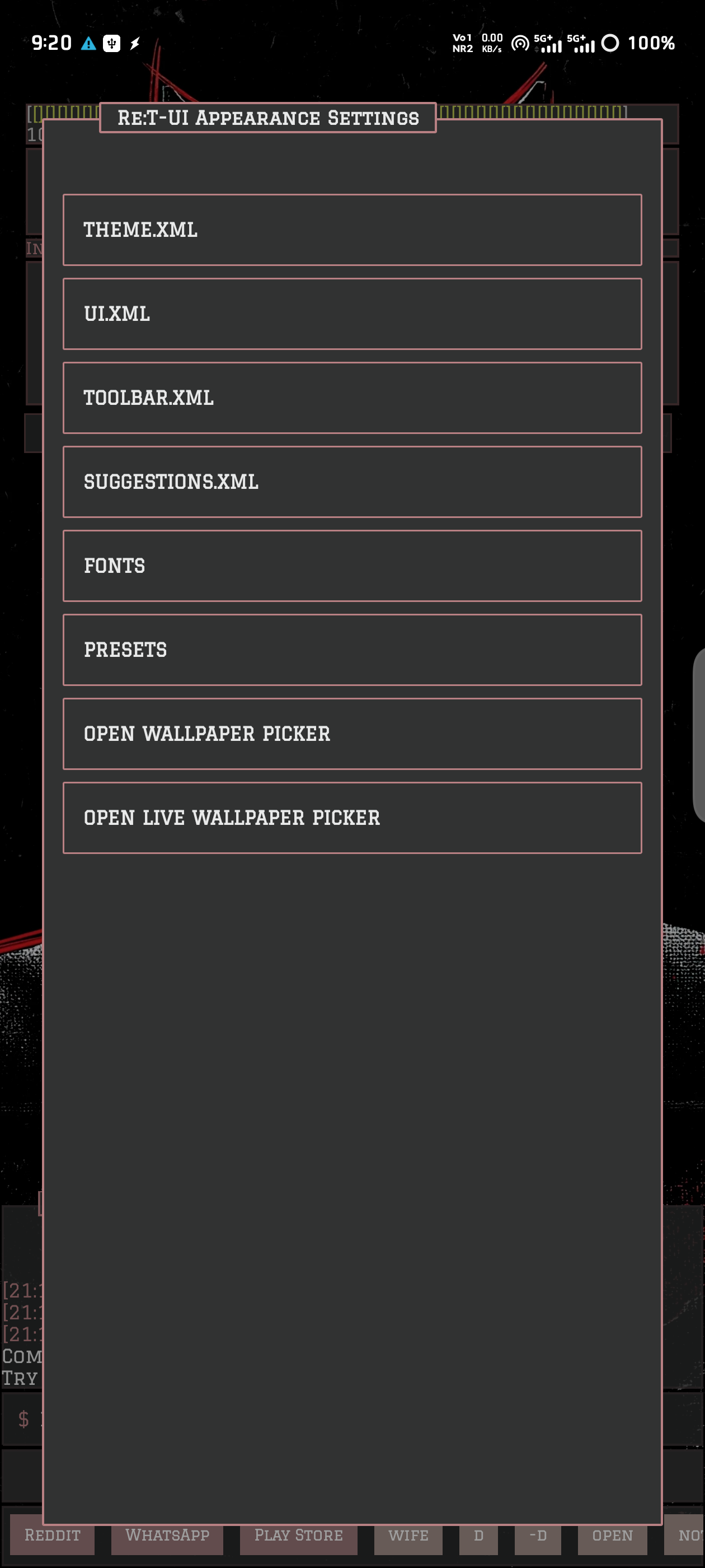 Re:T-UI Appearance settings list with theme, UI, toolbar, suggestions, fonts, presets, and wallpaper pickers