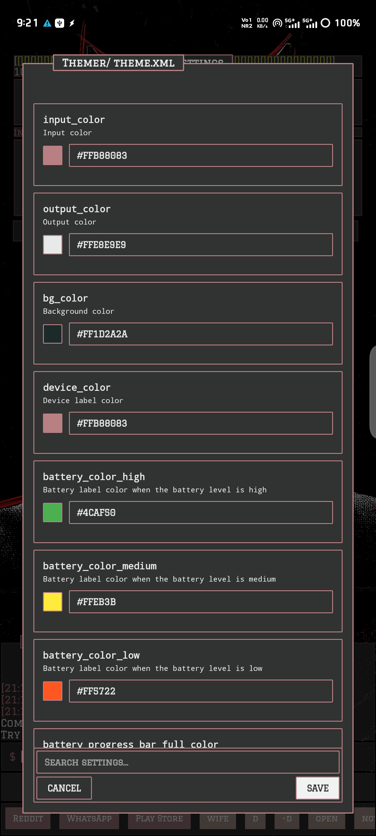 Re:T-UI theme XML editor showing color settings and swatches
