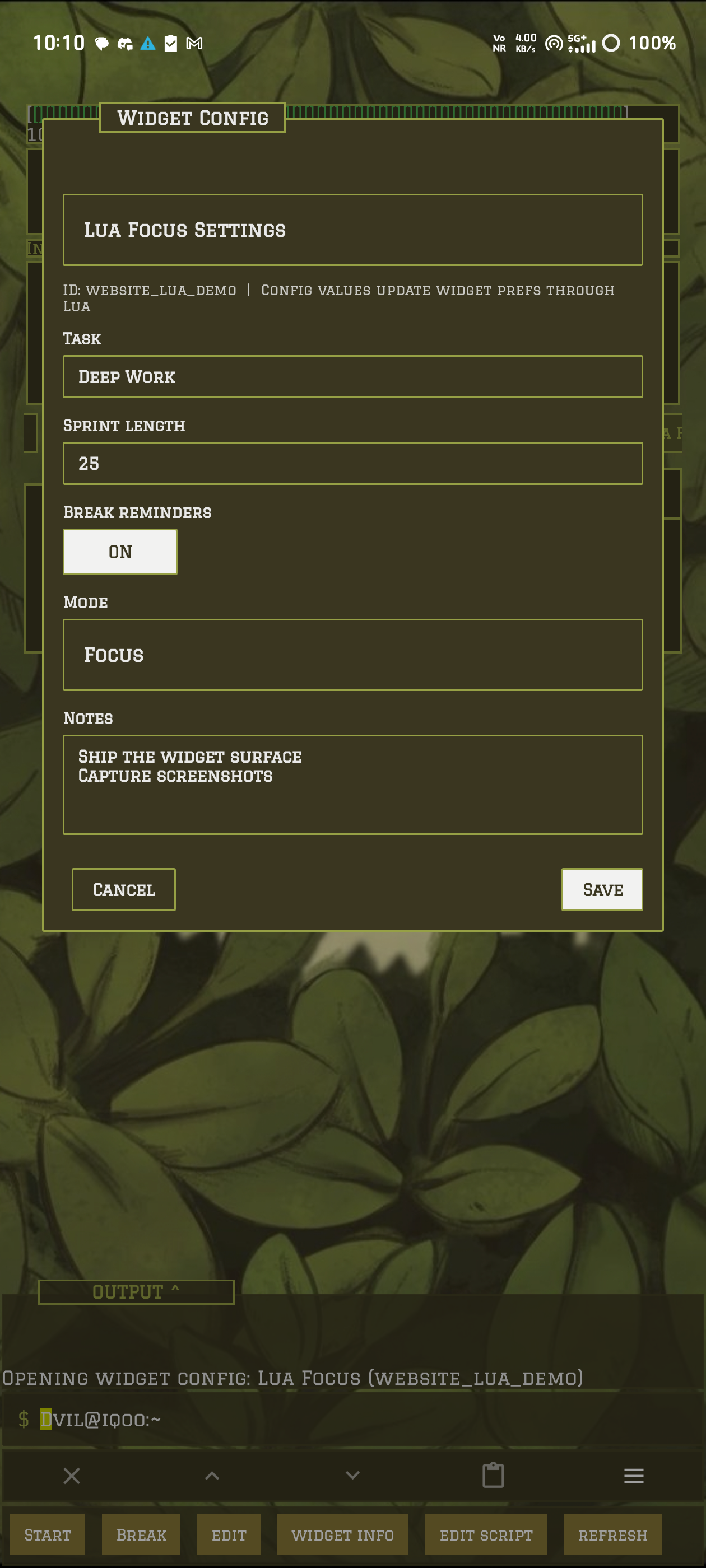Re:T-UI Lua widget config panel with text, number, toggle, select, and textarea fields