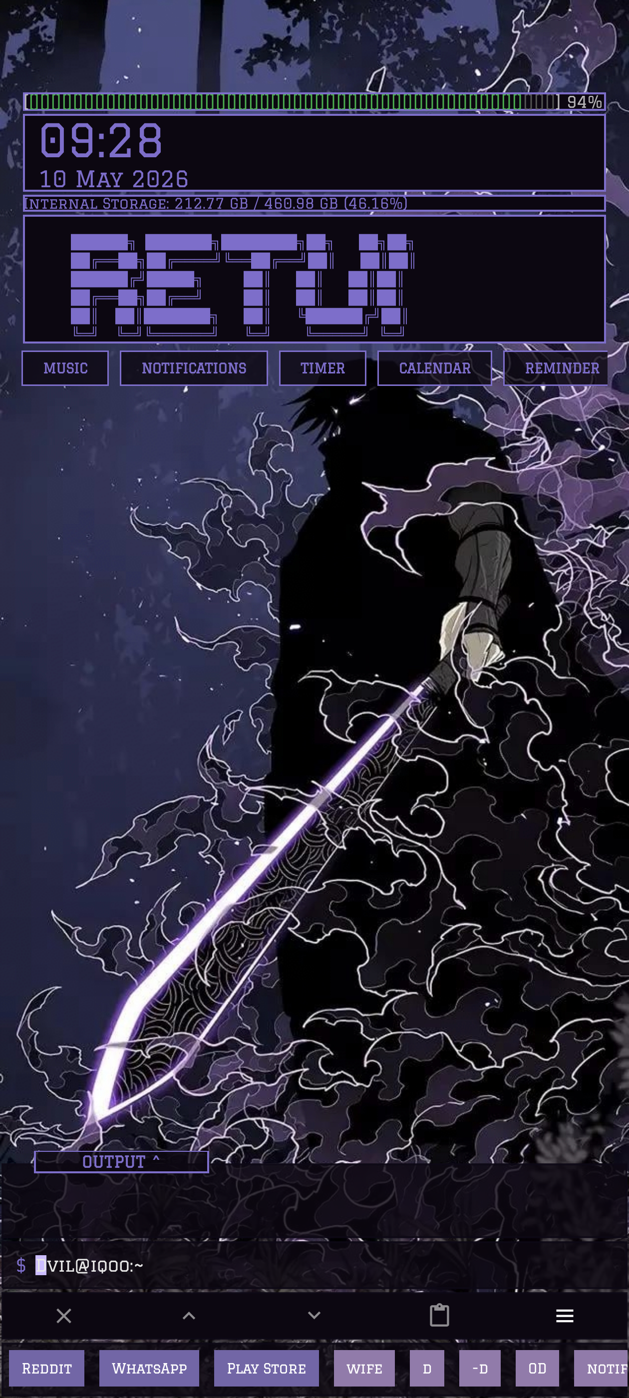 Northern Violet Re:T-UI preset screenshot with violet terminal widgets over a dark sword wallpaper