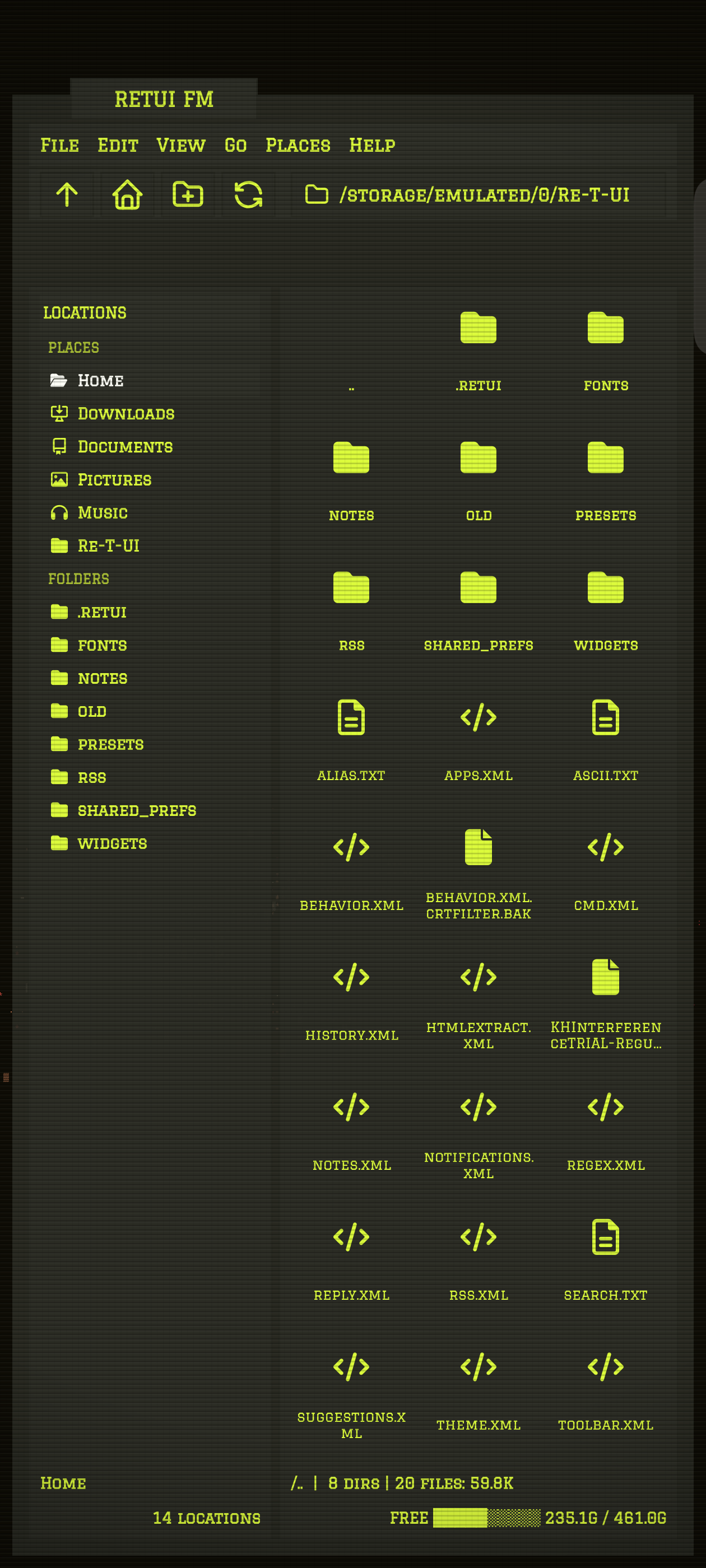 RETUI Files using a customized green terminal theme